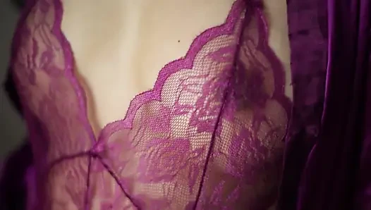 Indonesia girl wearing purple satin lingerie ready to fuck