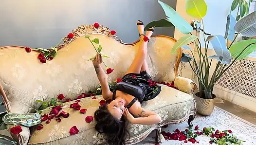 Beautiful Monika Fox In Black Dress On Sofa With Roses