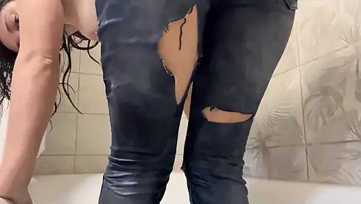 Playing with a Wet Jeans in Shower