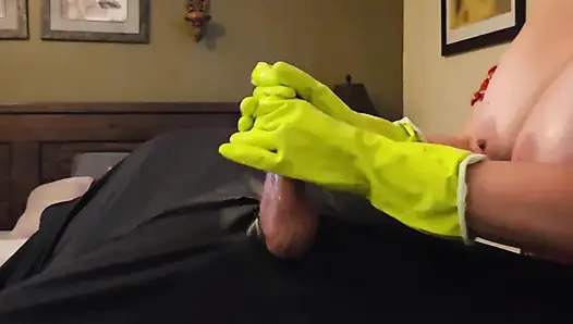 Super CLOSE UP Latex Gloves and Hot Oil POV Edging Penis Massage with HUGE CUM SHOT