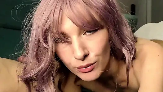 Purple-haired Neighbor Sweetly and Passionately Sucks Neighbor's Cock, Plays with Cum and Swallows Cum