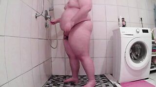 Chubby boy had a shower and jerk off after shower