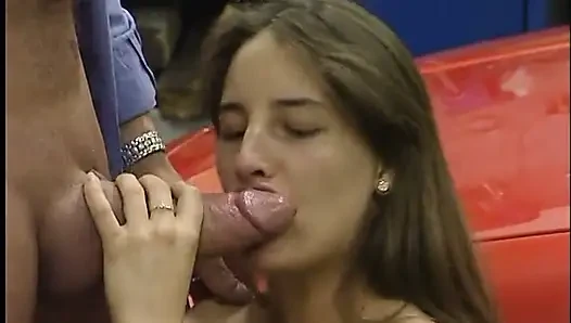 Brunette teen gives blowjob and gets fucked by older car shop owner