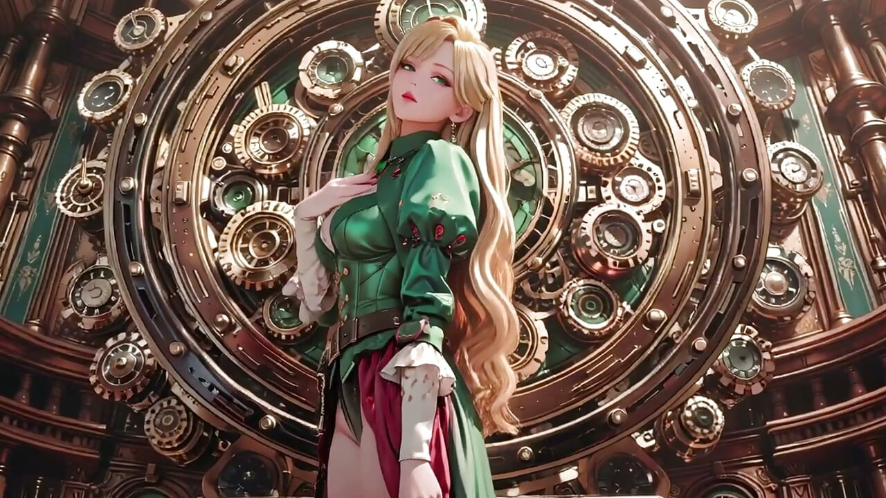 ¡Secretaria rubia steampunk! Poses perezosas entre engranajes gigantes, ajustándose las gafas con mirada provocadora.