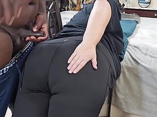 Sexy Big Ass Curvy Blonde MILF In Yoga Pants Twerking & Teasing Black Guy To Jerk Off & Cum On Ass