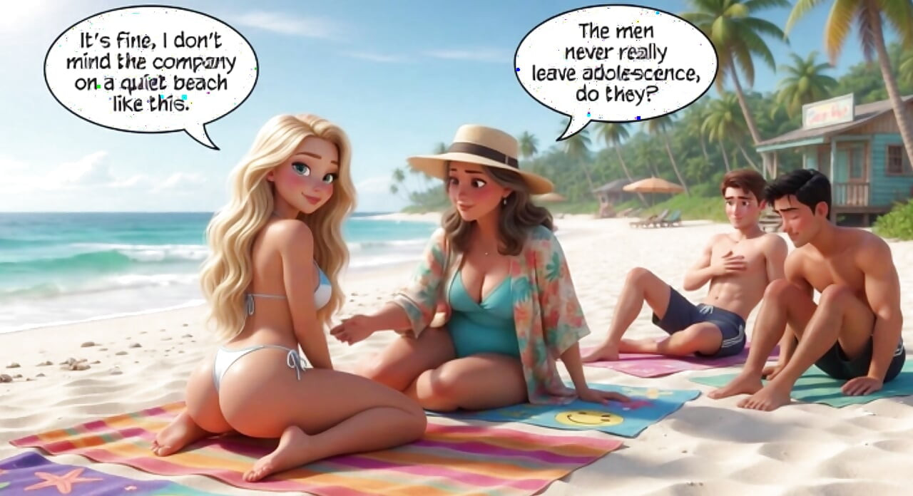 Usikan pantai blonde yang sudah berkahwin menjadi permainan rumah liar dengan suami dan lelaki muda (AI dihasilkan)