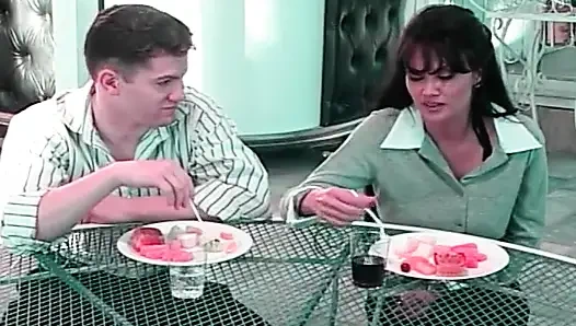 Blonde Seductress at the Patio Table: Hot Oral Fun