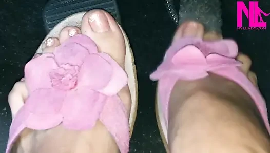 Revving My Car in Pink Flowered Flip Flops