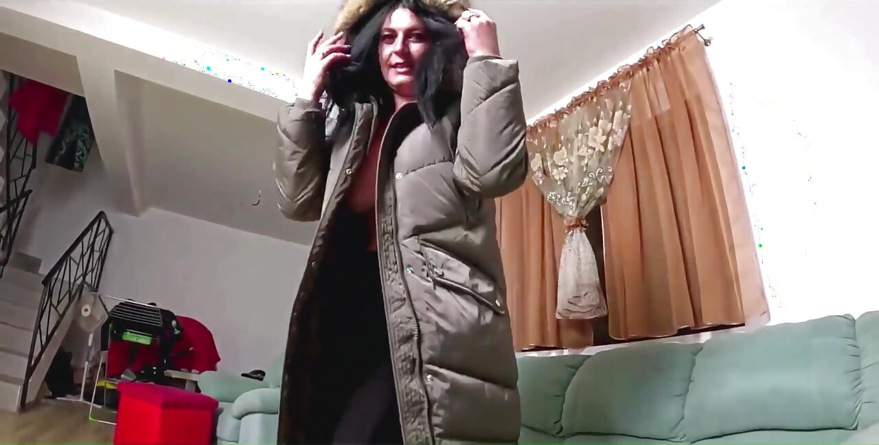 Glossy Fur Hood Downjacket. Deepthroat, Spit Play, Riding and Cum Dripping on My Coat