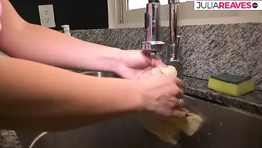 Horny MILF enjoys rubbing her clit on the kitchen floor