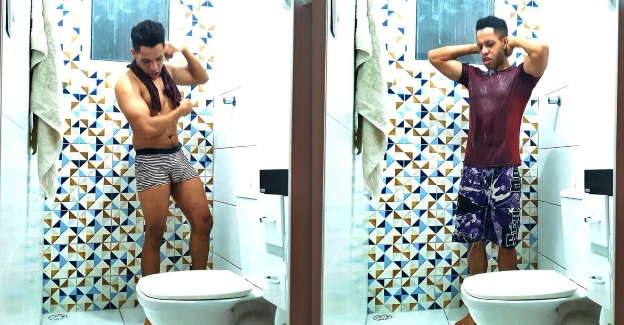 Hot boy goes to shower in striped underwear