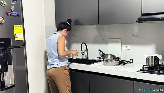 Passionate sex in the kitchen with a beautiful Latin wife with pink pussy!