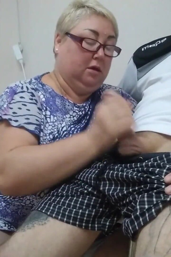 BBW girl jerks off my cock in the office
