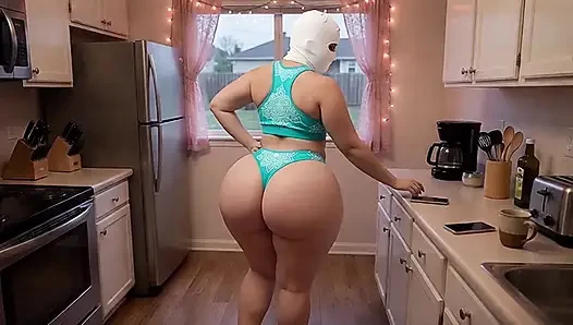 Ibu tiri lagi latihan yoga di dapur