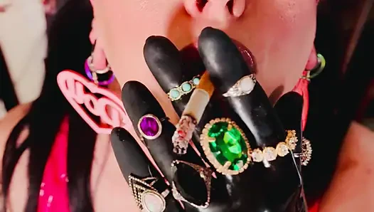 18 Rings & Latex Gloves! Miss Tina Snua Smoking 2 Cork Cigarettes For Her Glove Fan! - Smoker OMI OME Snap Inhales Drifting