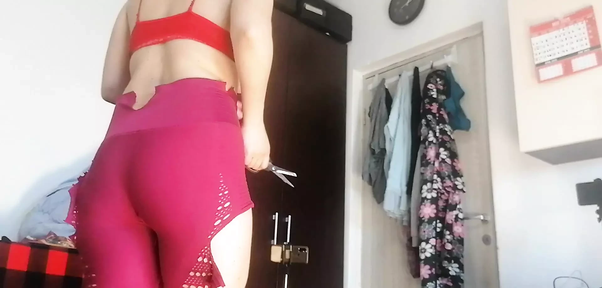 Amateur wife has fun trying on clothes and cutting them. Amateur wife sucking naked in the house