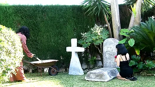 After she mourns, she has a hard fuck with the gardener