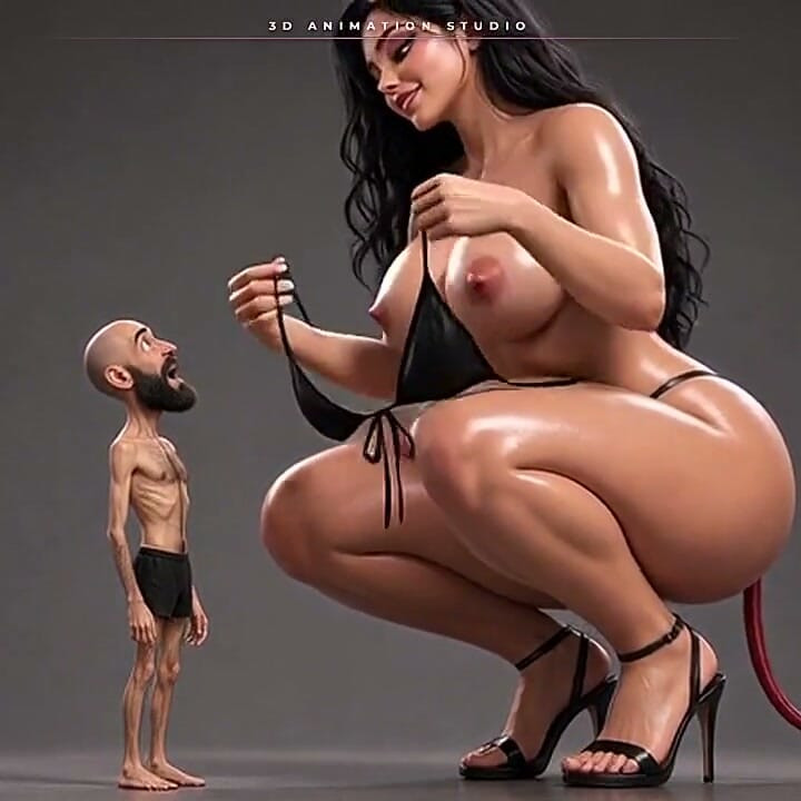 Giant She-devil Strips Topless for Her Tiny Bearded Man - He Kisses Her High Heel