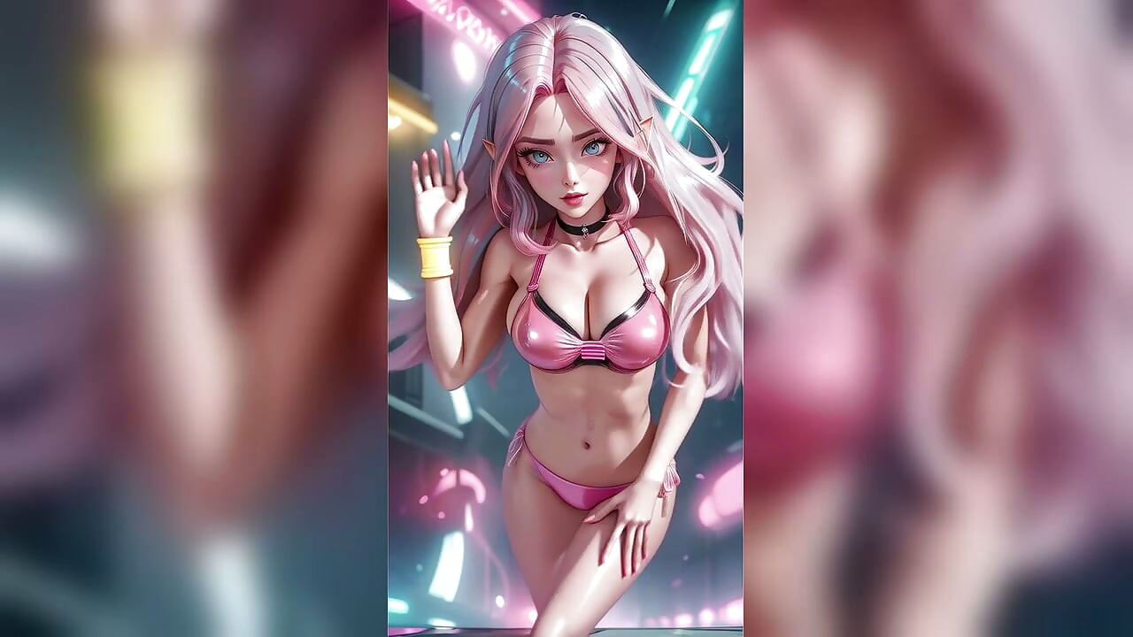 Pink Hair Elf Silver Bikini Neon City Dance - Sexy AI Babes