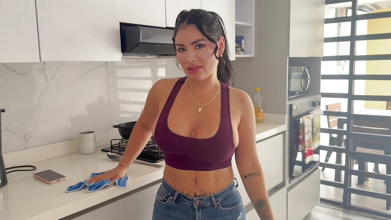 Maid gets fucked by her boss in the kitchen while her boss's cuckold returns home