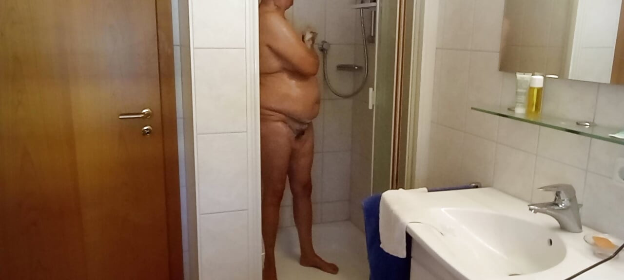 German BBW MILF 53 with natural tits & soft belly takes a shower