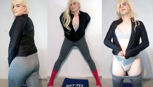 Blonde crossdresser in gym class touching herself in leggins