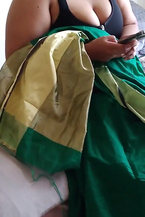 Telugu Stepaunty in Green Saree with Huge Boobs on Bed and Fucks Neighbor While Watching Porn on Mobile - Huge Cumshot