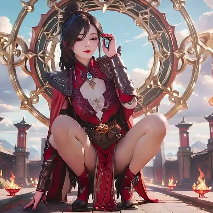Red Armor Queen Arrives! Taboo Licking in Pure White Space, Shy High-tail Girl Covers Her Chest.