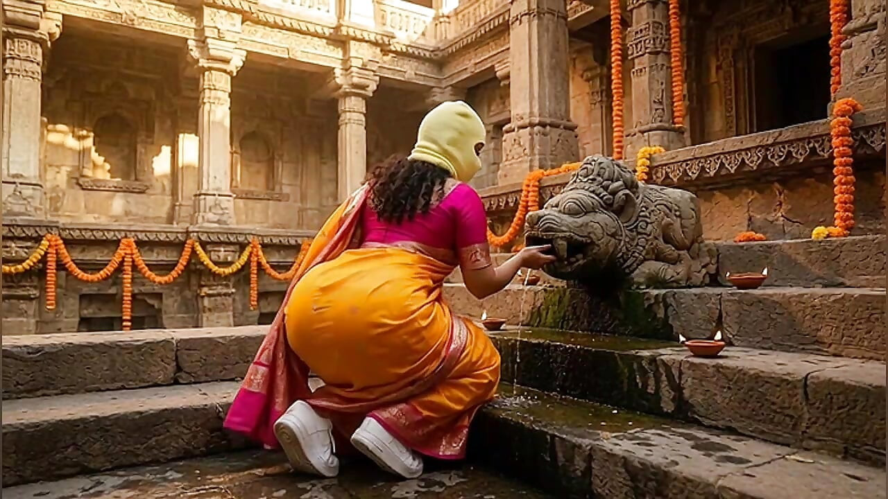 Indian Girl with Massive Ass Touching Ancient Statue