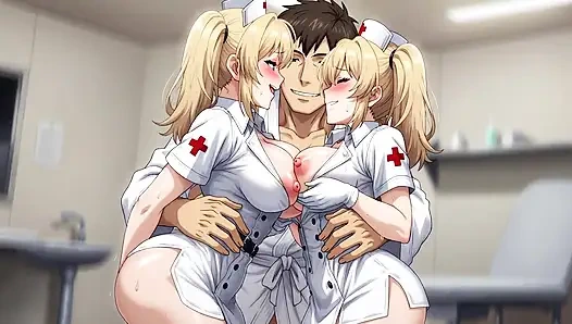 Two cute nurses with big breasts cum in the ward
