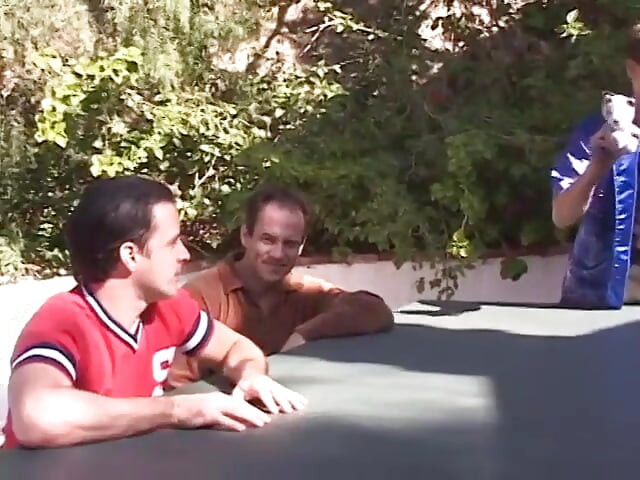 Horny black haired beauty sucks and fucks four men by the pool