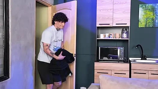 Stepson plays a prank on his busty stepmother in the bathroom