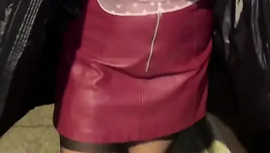 Slut with Ball Gag Outdoors: Sheer Top Big Tits and Leather Mini Skirt