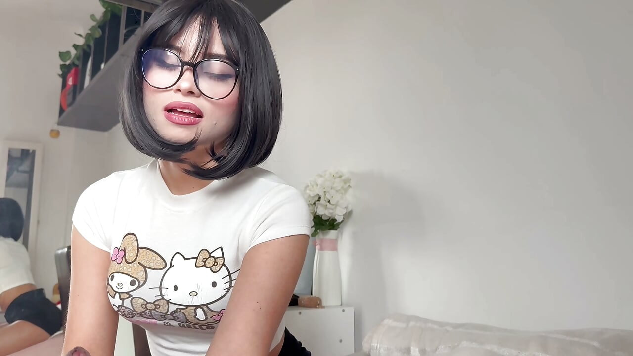 Beautiful nerdy girl with short hair and glasses is a fan of being doggy style