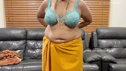Une belle MILF indienne change de sari - taquine en soutien-gorge, culotte, sari, chemisier et jupe