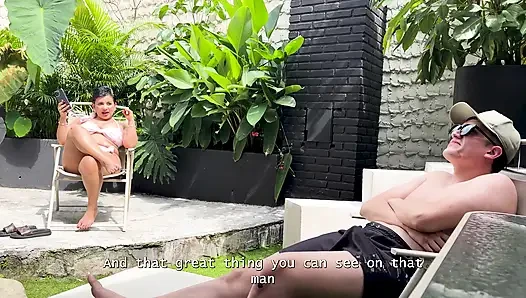Curvy Girl Slut Is Unfaithful to Her Boyfriend with a Stranger with a Big Cock in the Courtyard of a Resort
