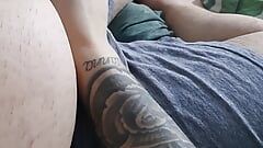 Tattooed step mom almost caught by Husband while handjob step son dick