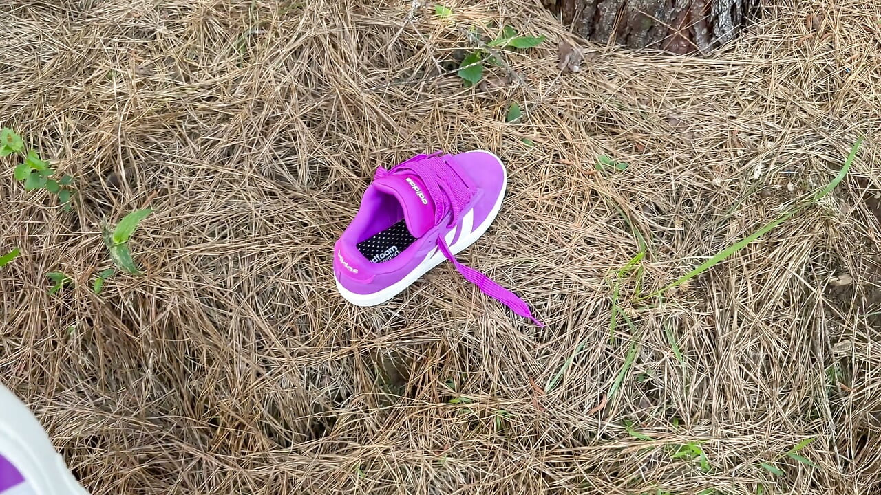 Fucking and cumming outdoors in the park with the wife's new pink Adidas sneaker. First cumshot on him