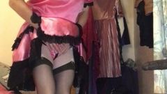 Dressed in Pink Satin and Maid to suck cock on camera