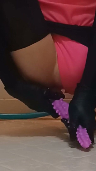 Sissy-Kuroko inserts long dildo into anal wearing pink leotard | Clip 1