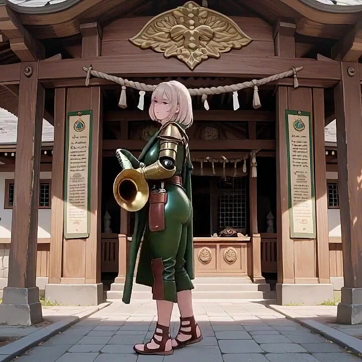 Blonde Knight's Afternoon! Green Uniform Golden Mechanical Arms, Lazily Contemplating in Ancient Stone Ruins.