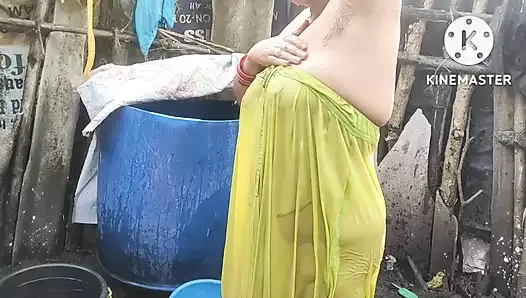 Bathing with cold water topless