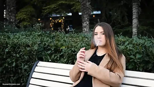 Russian Girl Spends Her Lunch Break Smoking 3 Cigs in a Row