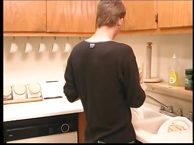 Sexy blonde fucks his friends face in the kitchen