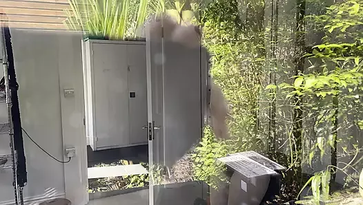 Peeping Tom se fait prendre et le fait descendre le long du chemin du jardin