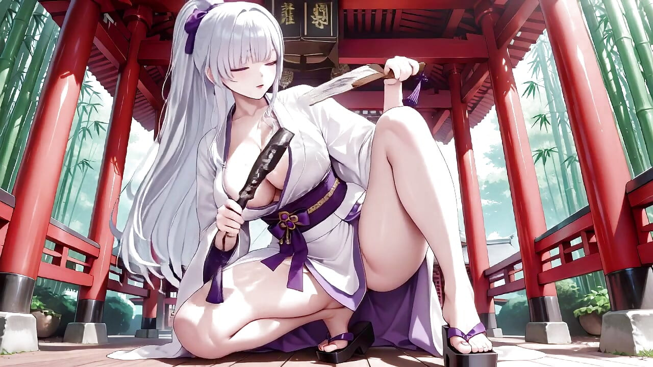 Srebrnokosa Miko Shrine Tajne! Napola otkopčani bijeli kimono, klečeće poze i intenzivan kontakt očima.