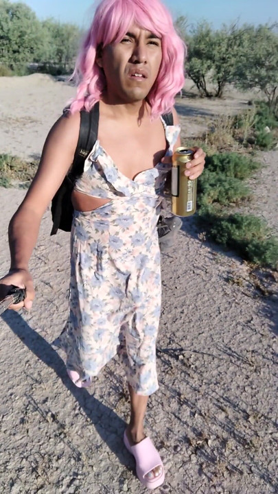 Beautiful little femboy walks in public wearing very hot pink dress and sandals | Clip 1
