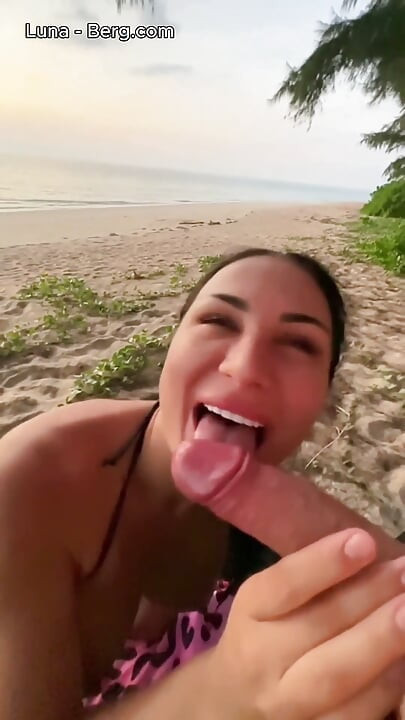 Brunette Stranger with Big Tits Sucks on the Beach at Sunset