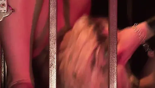 Сцена фетиш-кошечек - 2 лесбийская пара лижет киску в клетке