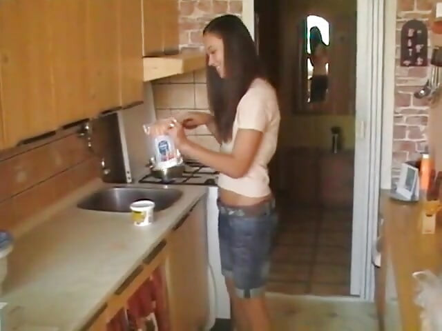 Sexy teen making salad and fucking